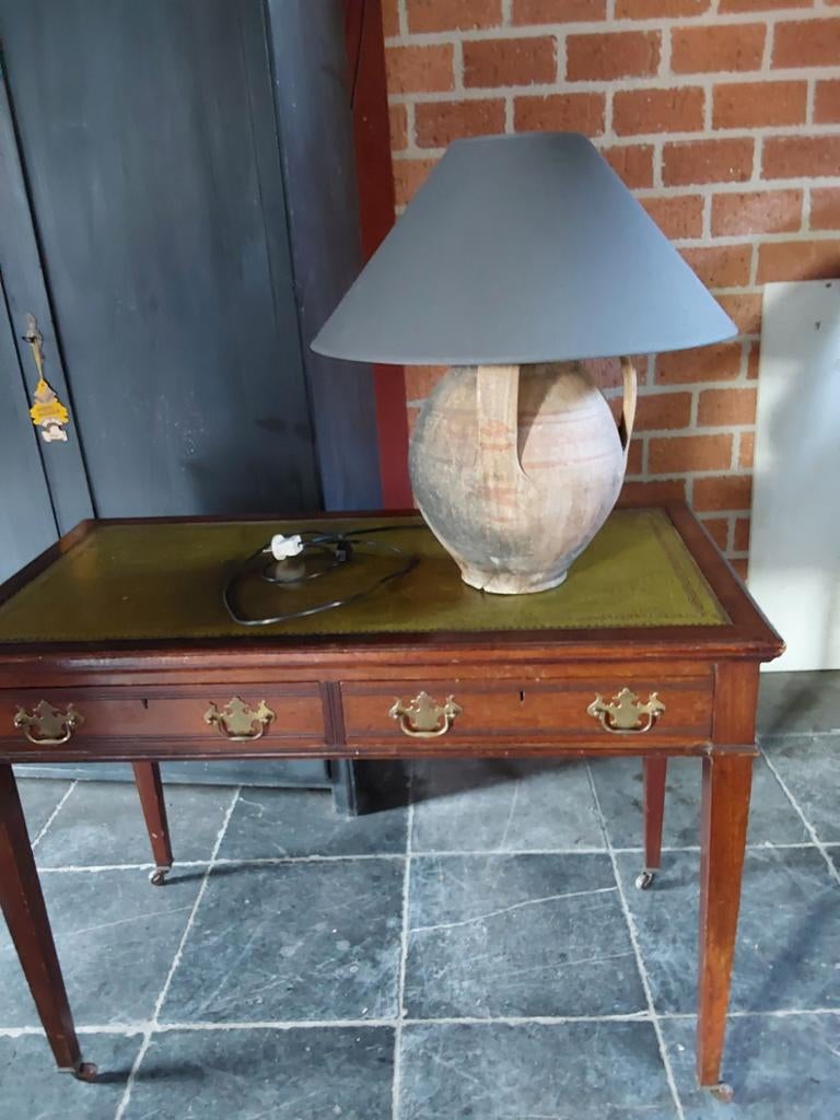 Unieke Oude Kruik Tafellamp met Grijze Kap, Antiek en Kunst, Ophalen