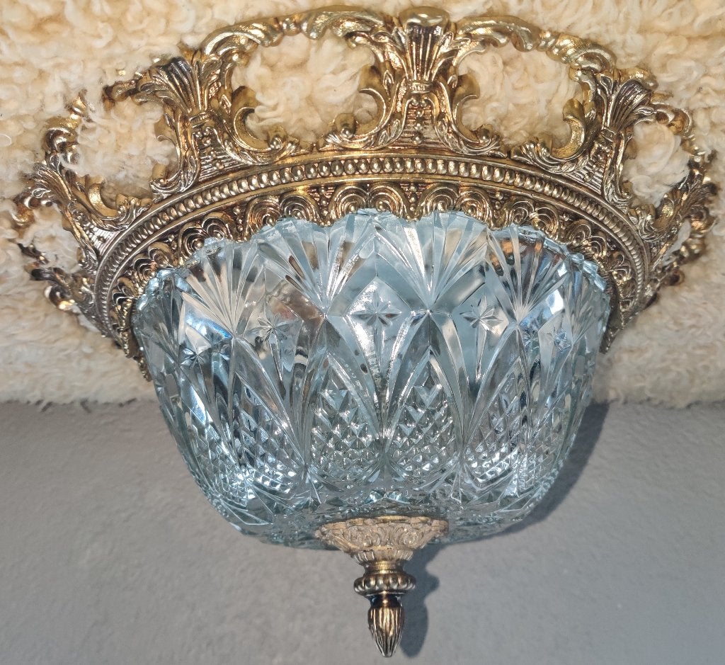 Barok plafondlamp messing geslepen glas vintage, Antiek en Kunst, Antiek | Lampen, Ophalen