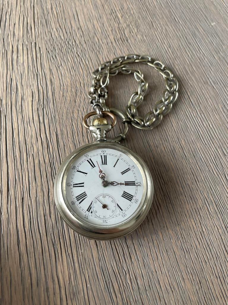 Antiek Zilveren Beaucourt Zakhorloge met Ketting, Ophalen of Verzenden, Zilver