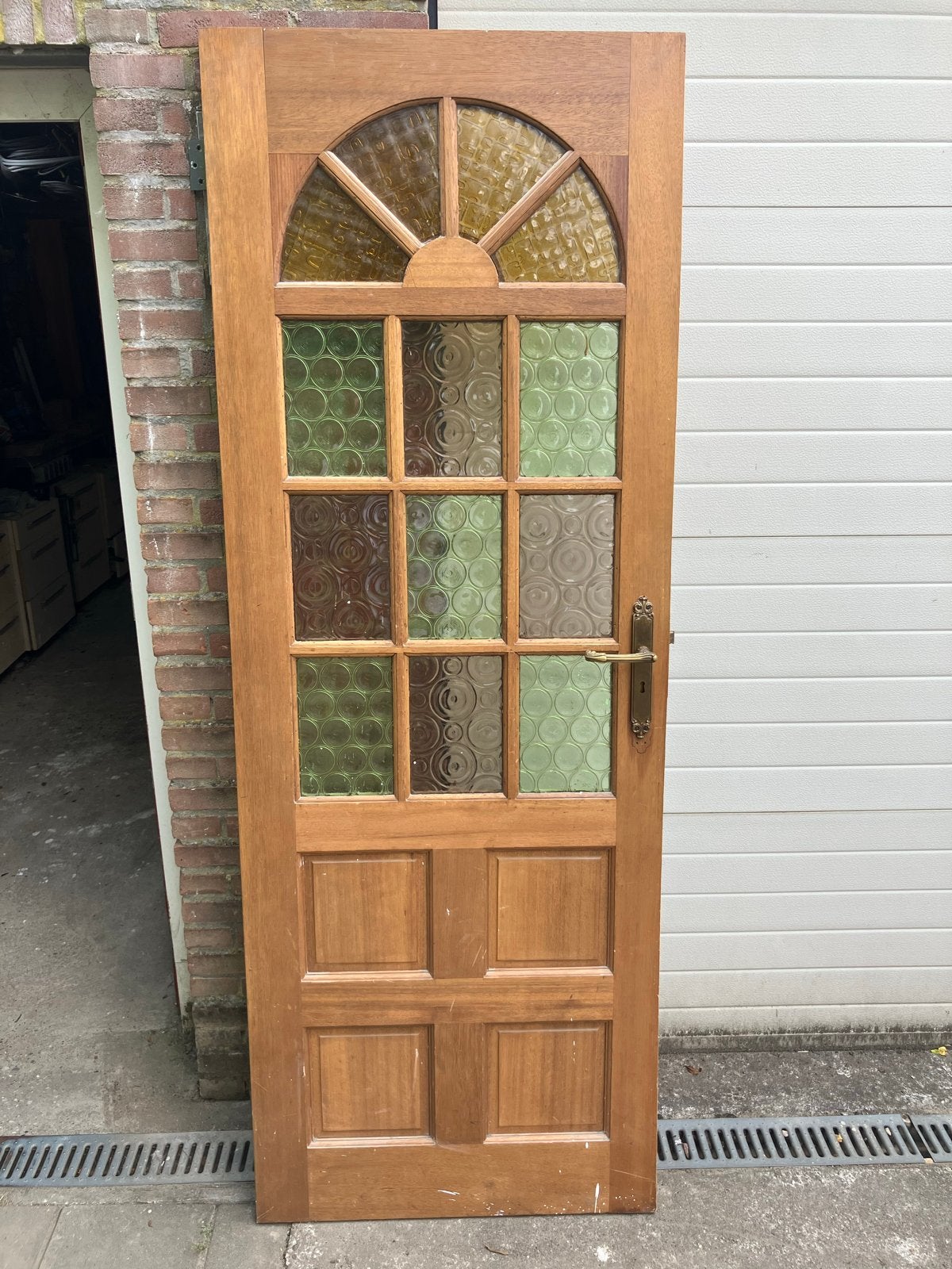 Massieve eikenhouten deur met gekleurd glas, Gebruikt, 80 tot 100 cm, Binnendeur, Ophalen of Verzenden