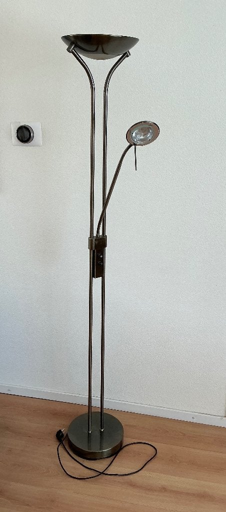 Bruin messing dubbele staande lamp, dimbaar, Huis en Inrichting, Lampen | Vloerlampen, Ophalen, Gebruikt, Metaal, 150 tot 200 cm