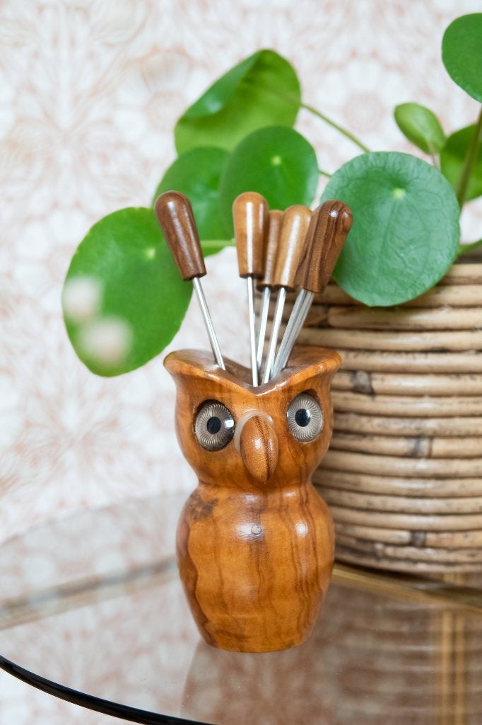 Houten uil met 6 cocktailprikkers vorkjes, Ophalen of Verzenden, Huis en Inrichting