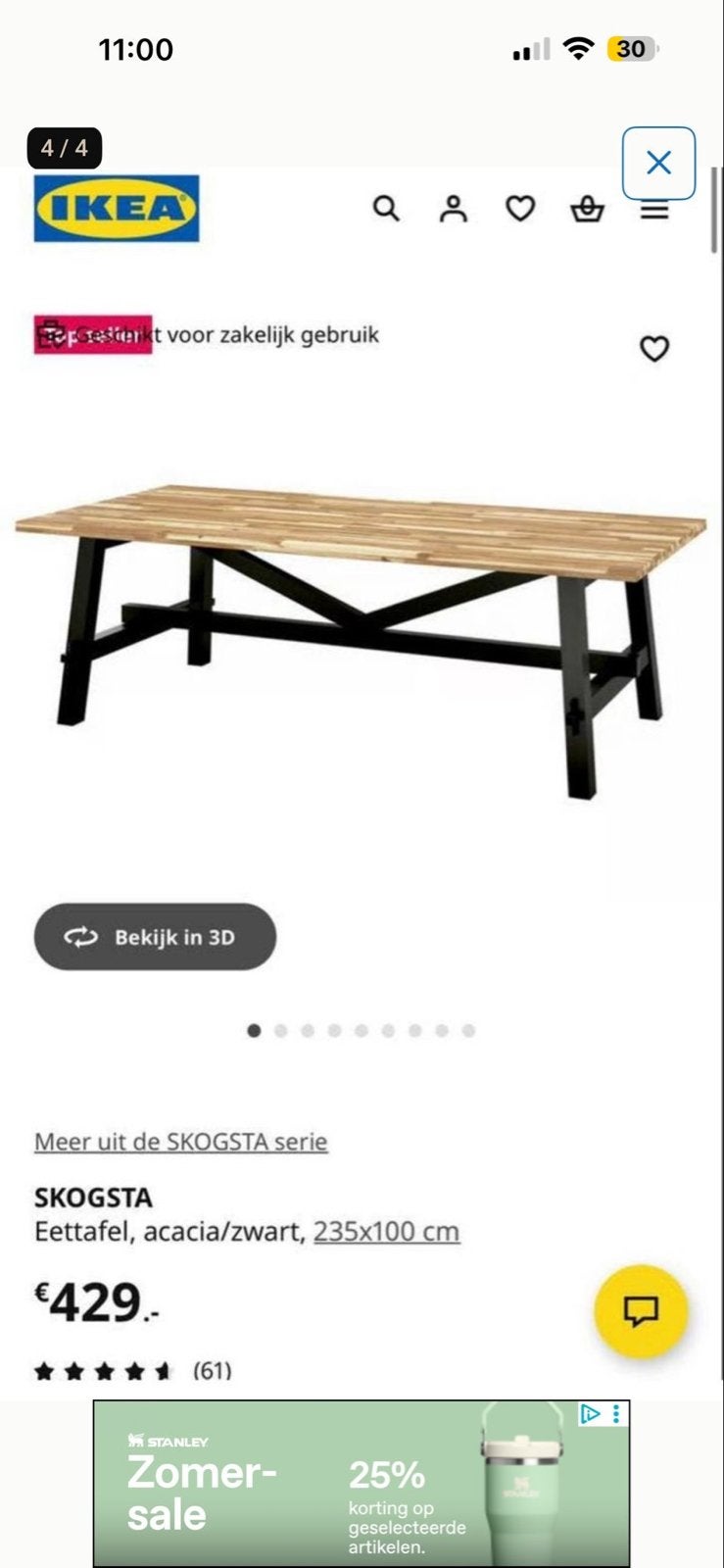 Ikea Skogsta eettafel acaciahout 235x100 cm, Gebruikt, 100 tot 150 cm, 200 cm of meer, Ophalen of Verzenden