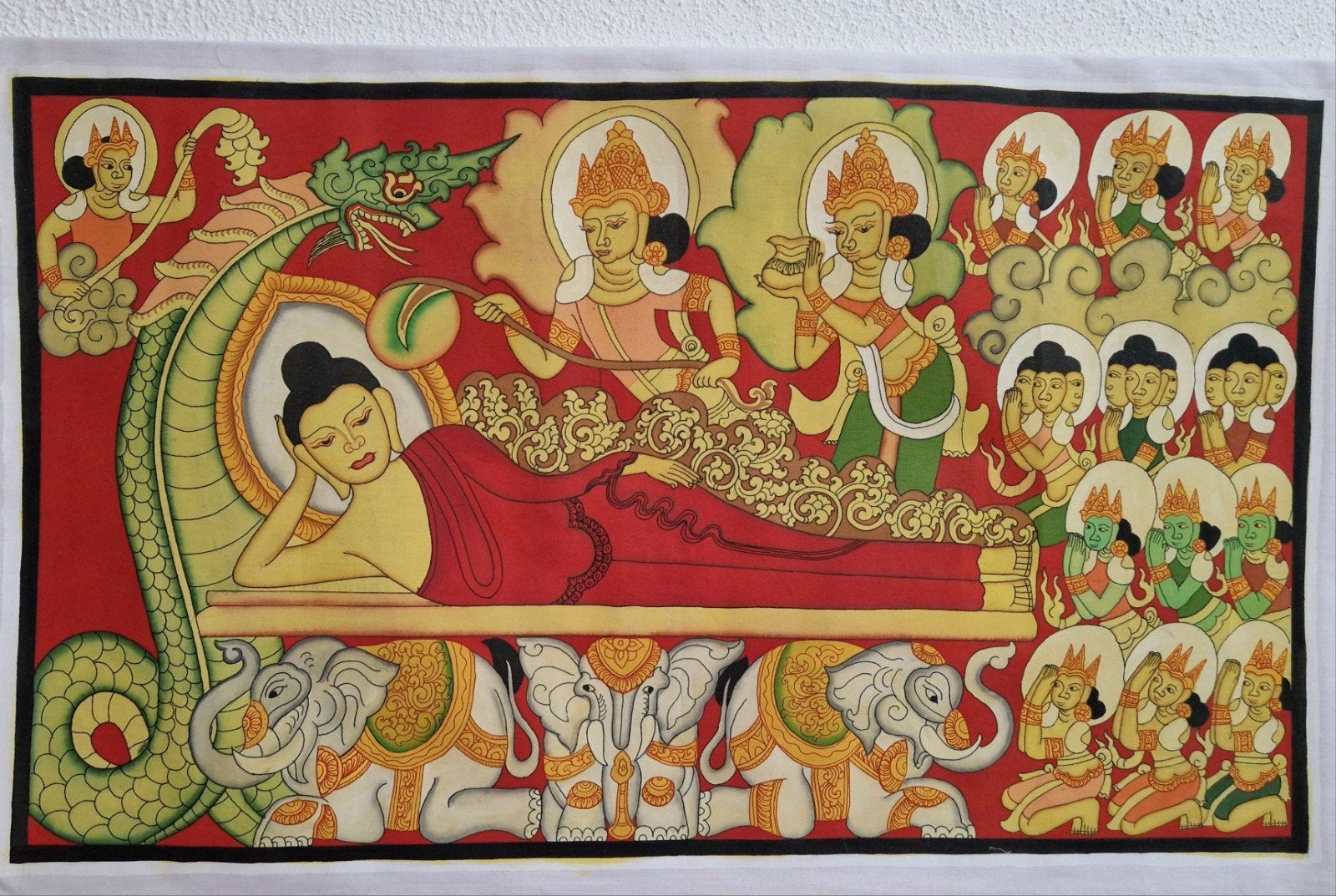 Boeddha handgeschilderd op katoen, 69x41 cm, Birma, Ophalen of Verzenden, 41 cm, Handgemaakt