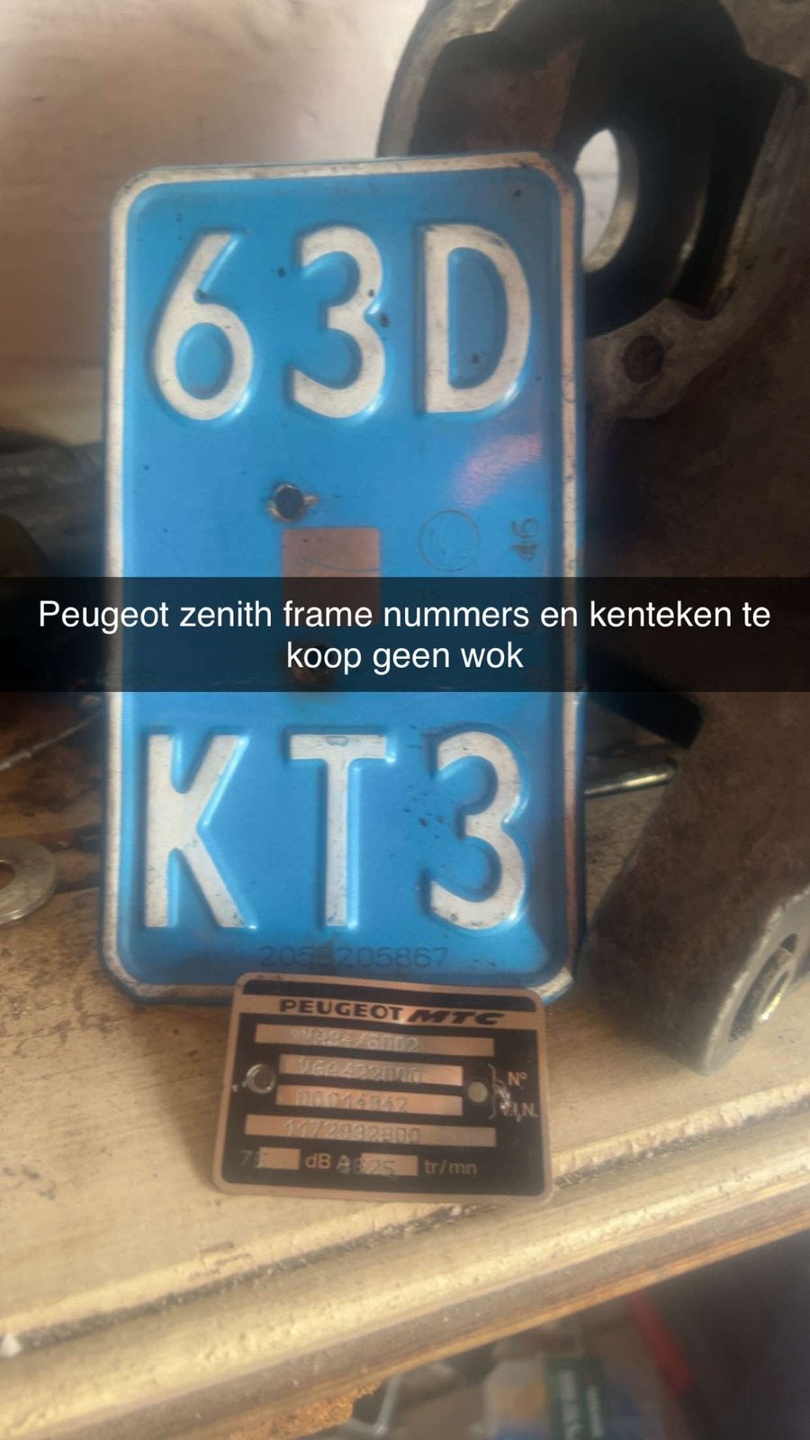 Kenteken met frame nummer plaatje, Ophalen of Verzenden, Nieuw, Peugeot