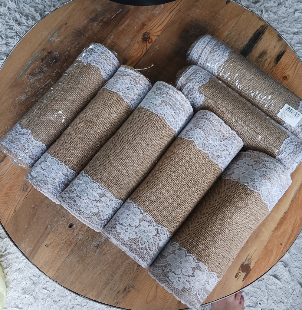 Tafelloper jute met kant (bruiloft) 7 stuks, Nieuw, Geborduurd, Jute, Rechthoek