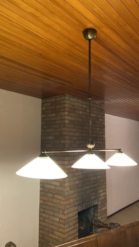 Vintage verstelbare plafond (lees)lamp met 3 glazen kappen, Ophalen, Zo goed als nieuw, Glas, Klassiek