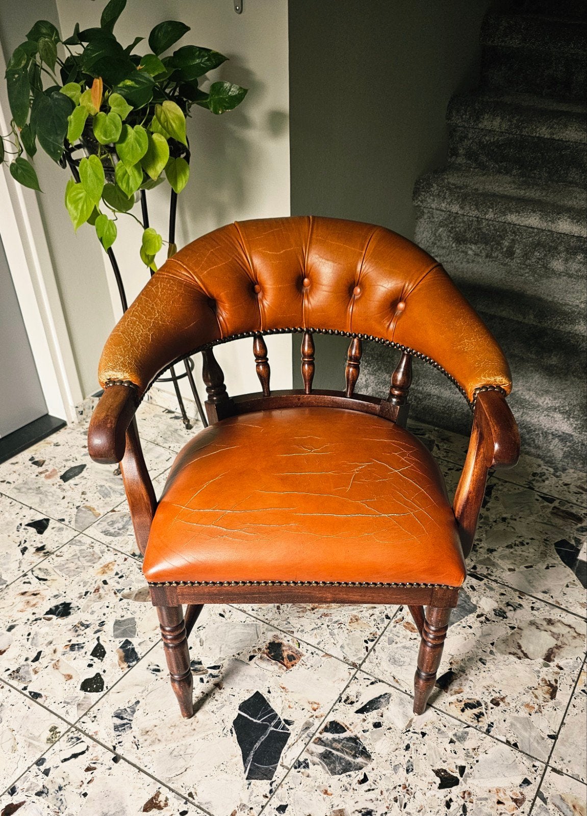 Antieke Captain's Chair / Library Tub Chair, Cognac Leer, Ophalen