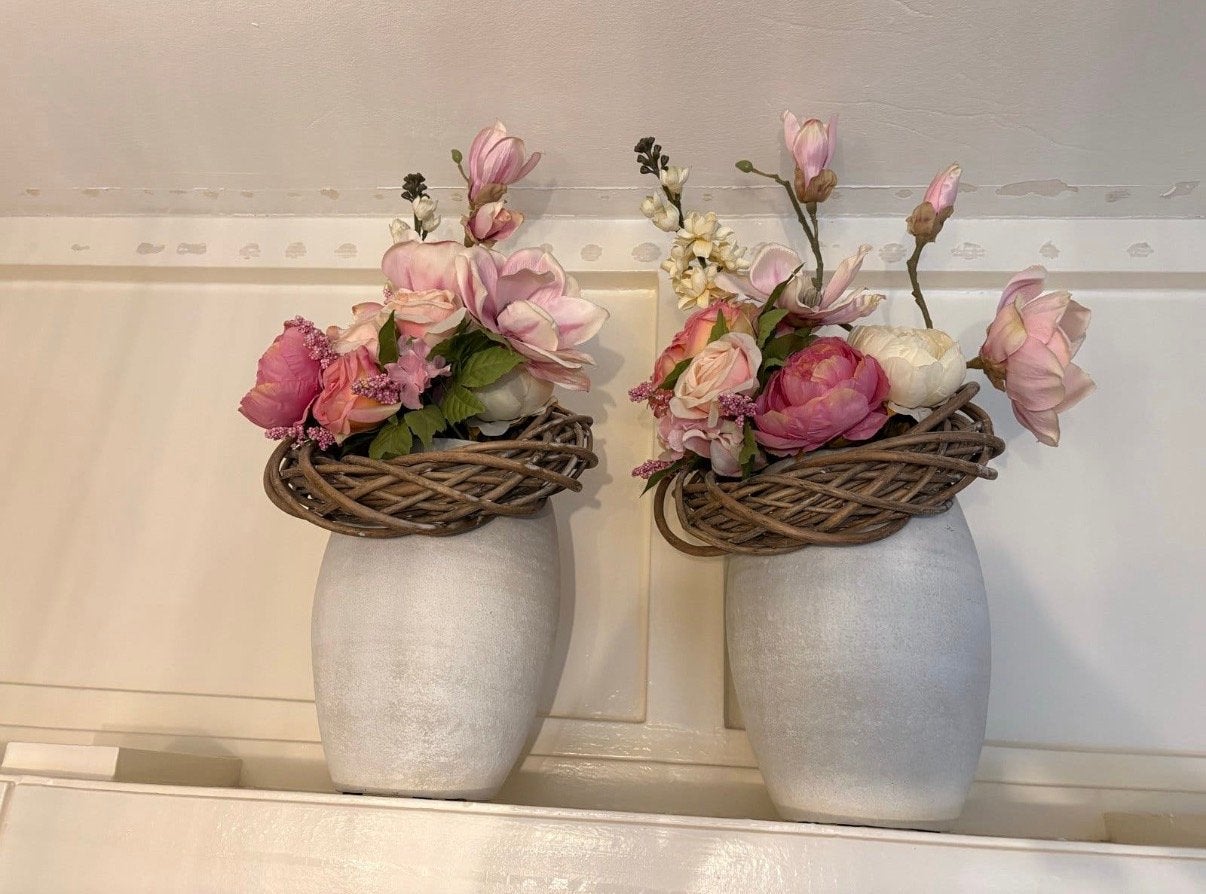 Set van 2 decoratieve vazen met kunstbloemen, Ophalen, Overige materialen, Meerkleurig, Inclusief decoratie