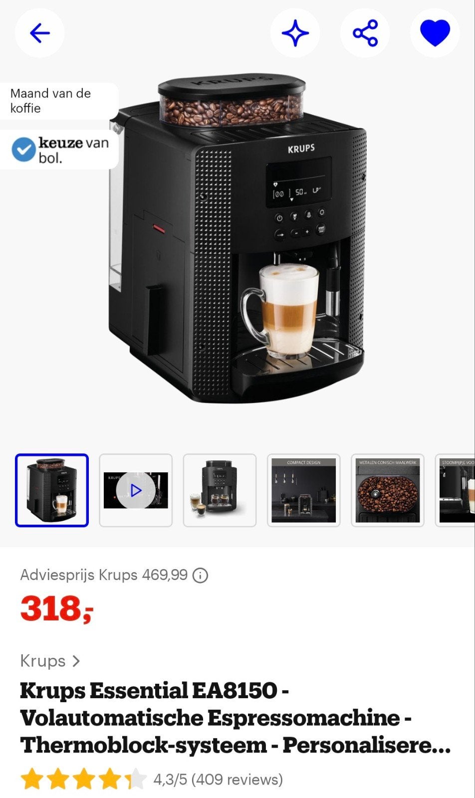 Krups Essential EA8150 | Volledig gereviseerd + Garantie!, Espresso apparaat, 10 kopjes of meer, Zo goed als nieuw, Afneembaar waterreservoir