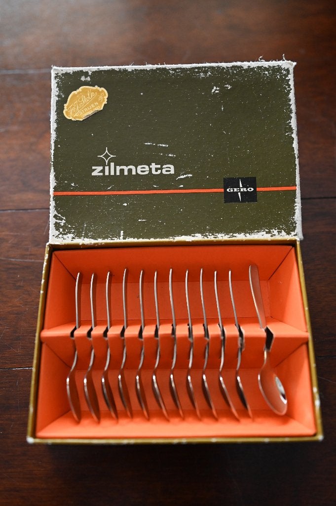 Vintageset van 12 Advocaat lepeltjes van Zilmeta in org.doos, Ophalen of Verzenden