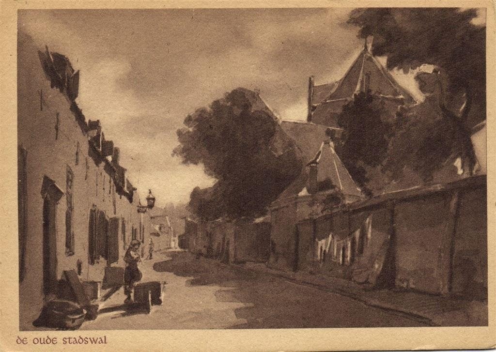 Harderwijk - De oude stadwal - schilderij - ongelopen, Ophalen of Verzenden, 1940 tot 1960, Ongelopen, Gelderland