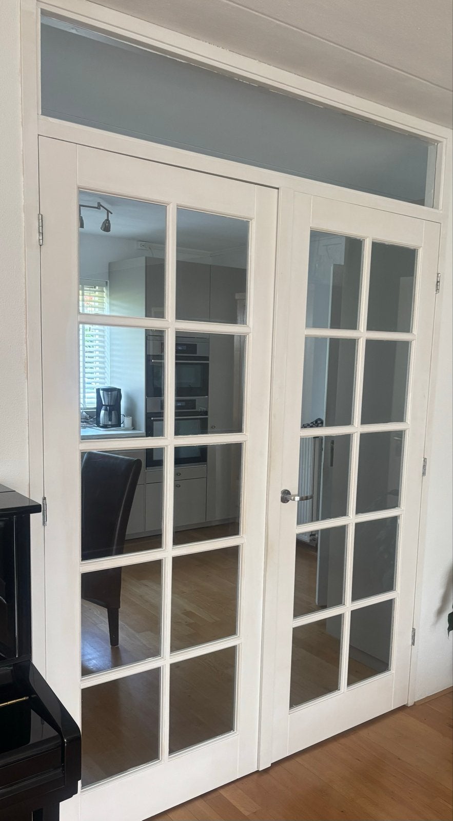 Dubbele deur met glas en trellis en overlatten., Ophalen, Gebruikt, 80 tot 100 cm, Binnendeur