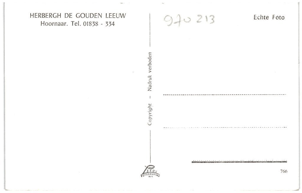 970213 Hoornaar Herberg De gouden Leeuw ZH 1966 Onbeschreven, Ophalen of Verzenden, 1960 tot 1980, Ongelopen, Zuid-Holland