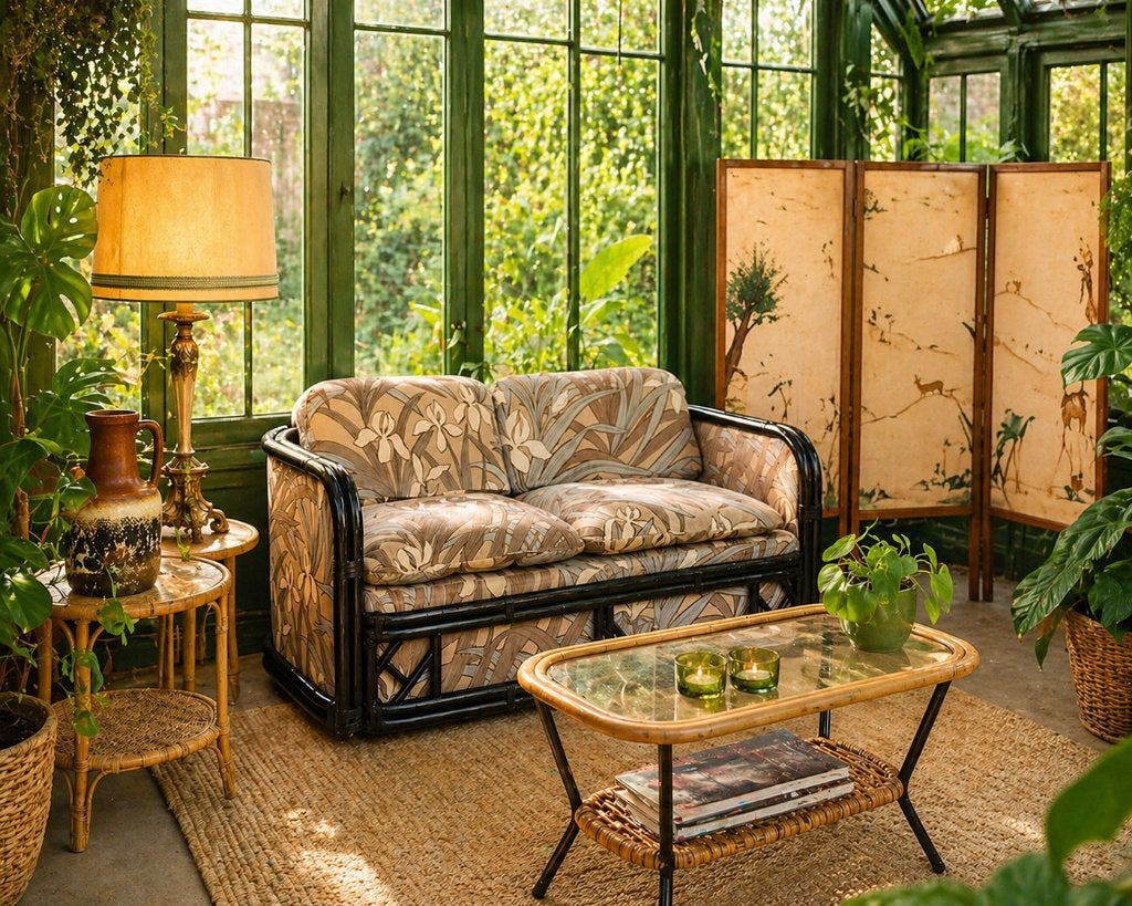 Vintage bamboe bankje met bloemig velours stof, Huis en Inrichting, Banken | Bankstellen, Ophalen, Gebruikt, Boho, vintage, Botanique