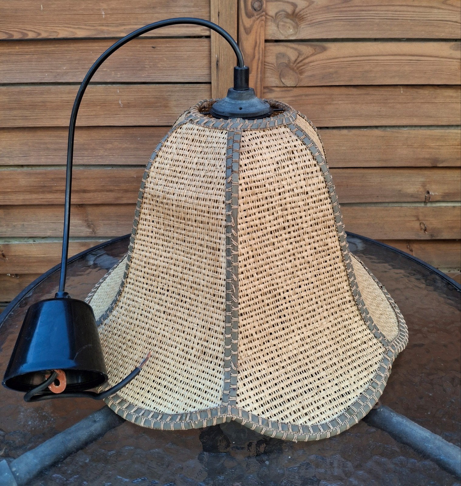 VINTAGE hanglamp / plafondlamp geweven riet / rotan jaren 70, Ophalen, Gebruikt, Midcentury