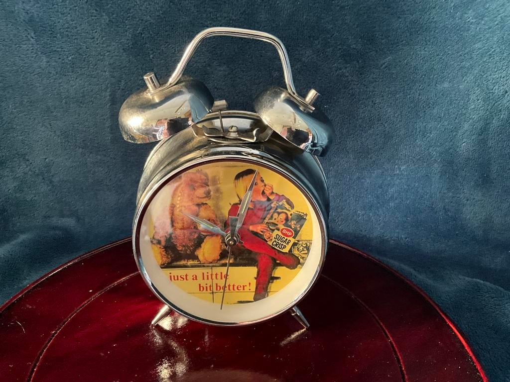 Vintage wekker met retro afbeelding - Analoog, Ophalen of Verzenden