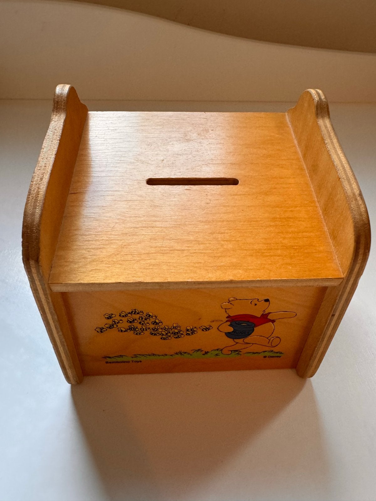 Vintage Winnie de Poeh spaarpot van hout, Ophalen, Gebruikt, Hout, Strip- of Tekenfilmfiguur
