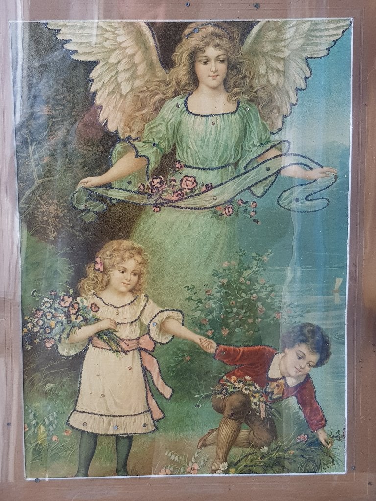 Antieke Engelse ingelijste prent met engel en kinderen., Ophalen of Verzenden