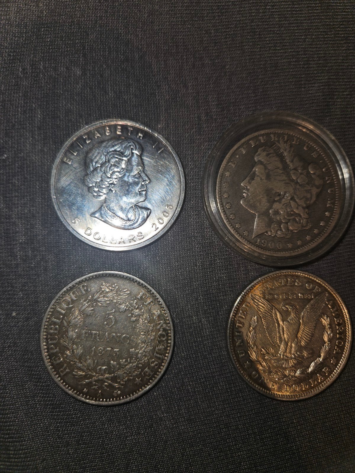 4 Oude/Verzamelmunten: Morgan Dollar, 5 Francs, 5 Dollars, Postzegels en Munten, Ophalen, Setje, Zilver