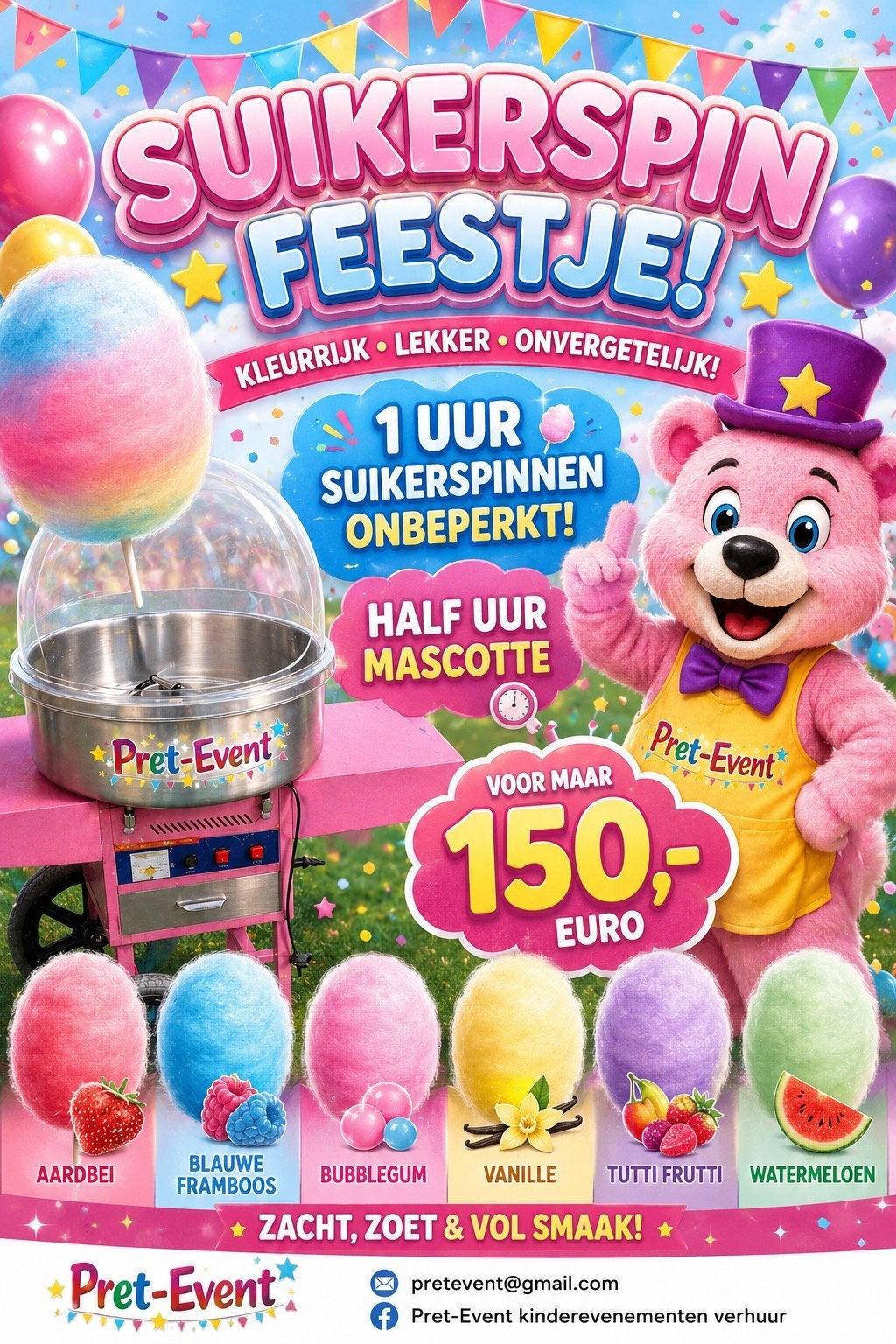 suikerspin feestje  met mascotte, Ophalen of Verzenden, Verjaardag