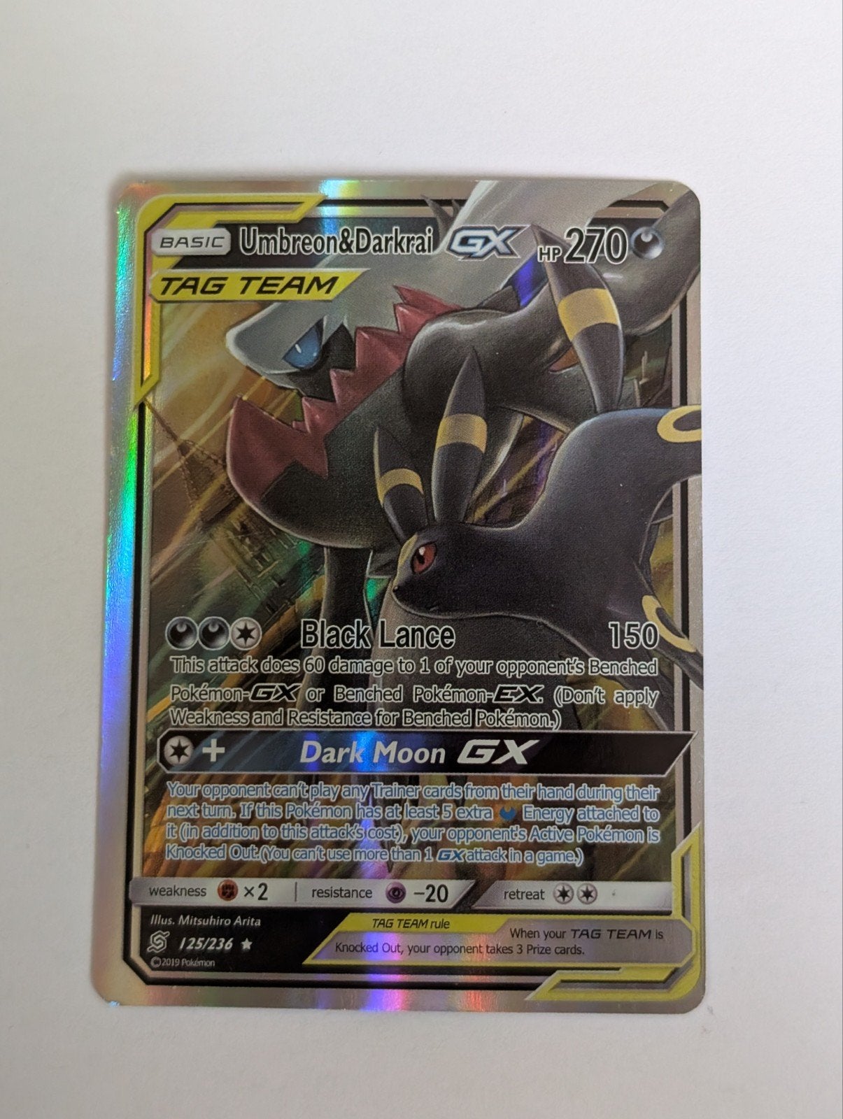 Umbreon & Darkrai GX TAG TEAM Pokémon Kaart (Foil), Ophalen of Verzenden, Zo goed als nieuw, Losse kaart, Foil