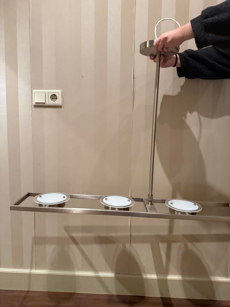 Moderne Hanglamp met 4 Spots - RVS en Glas, Ophalen, Gebruikt, Glas, 75 cm of meer