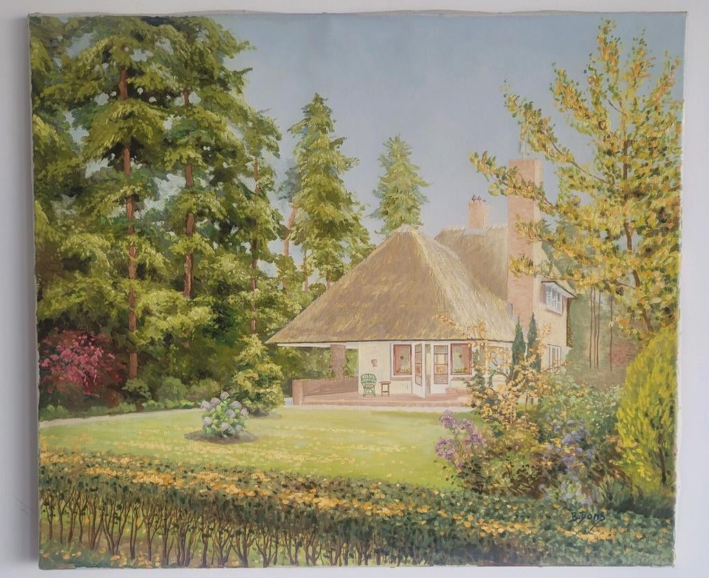Schilderij B. Dons villa landhuis met rieten dak tuin 70x60, Antiek en Kunst, Kunst | Schilderijen | Klassiek, Ophalen of Verzenden