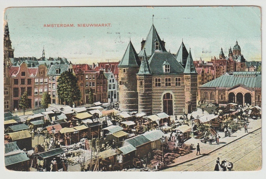 Amsterdam Nieuwmarkt levendig marktdag # 1907, Verzenden, Voor 1920, Gelopen, Noord-Holland