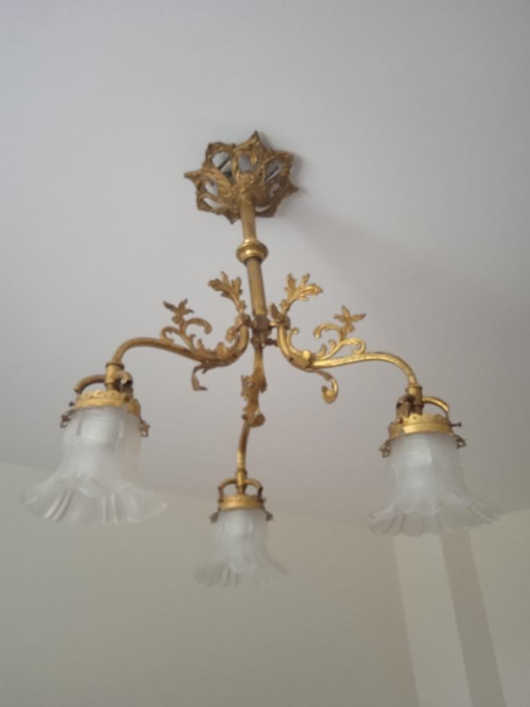 Koperen (?) hanglamp, Huis en Inrichting, Lampen | Hanglampen, Ophalen of Verzenden, Zo goed als nieuw, Glas, Minder dan 50 cm