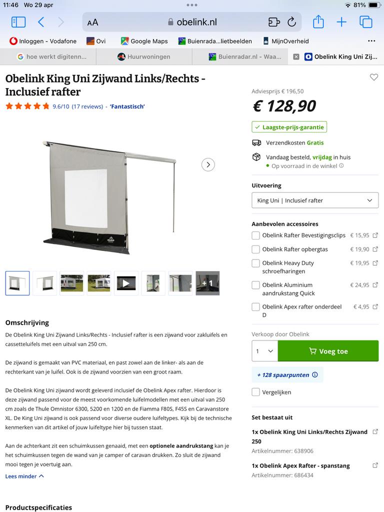 obelinkKingUniZijwand Links/Rechts.inclusief Rafter en, Ophalen of Verzenden, Zo goed als nieuw, PVC