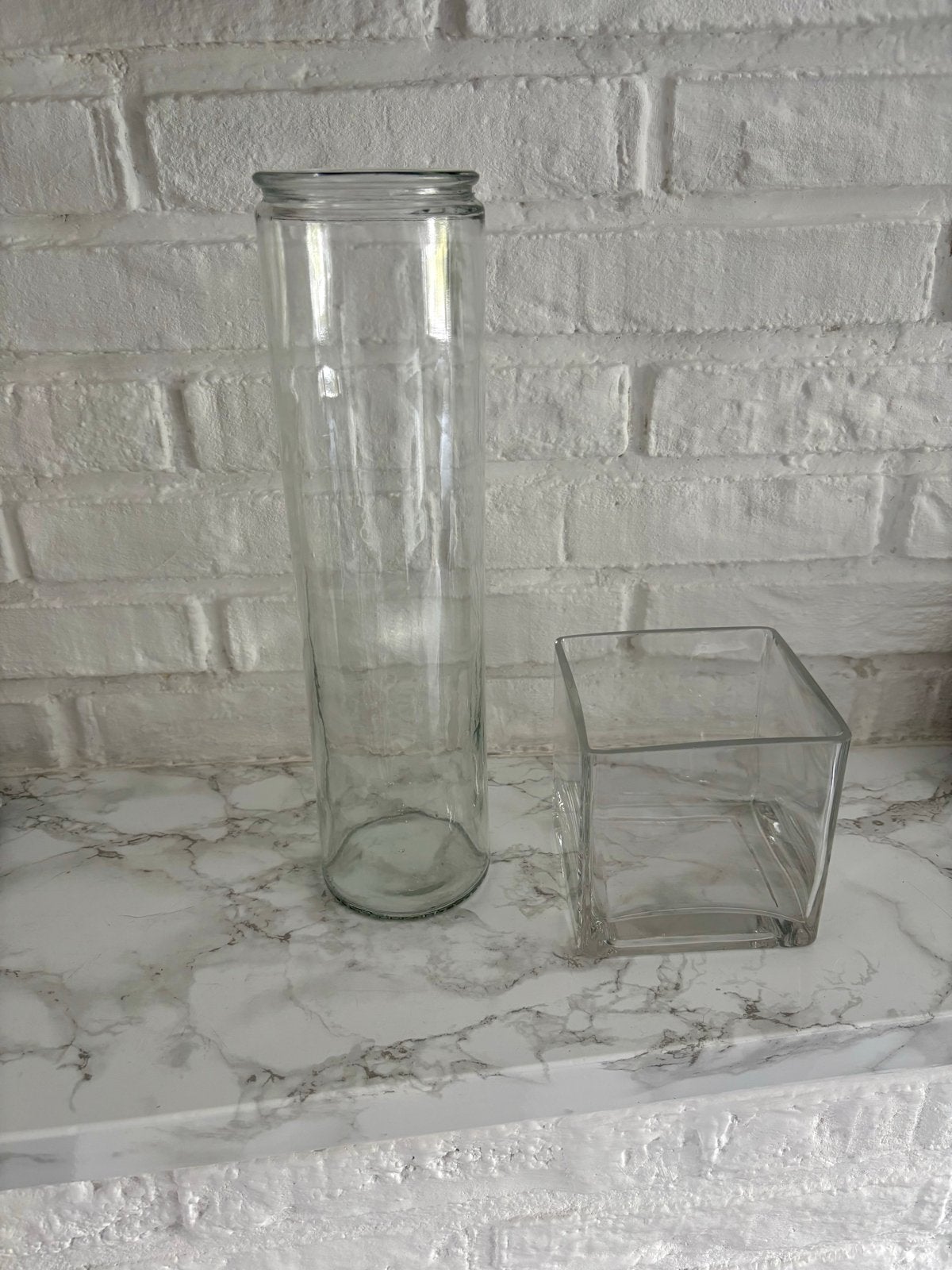 Glazen vazen set: cilinder en vierkant, Ophalen, Gebruikt, Transparant, Glas