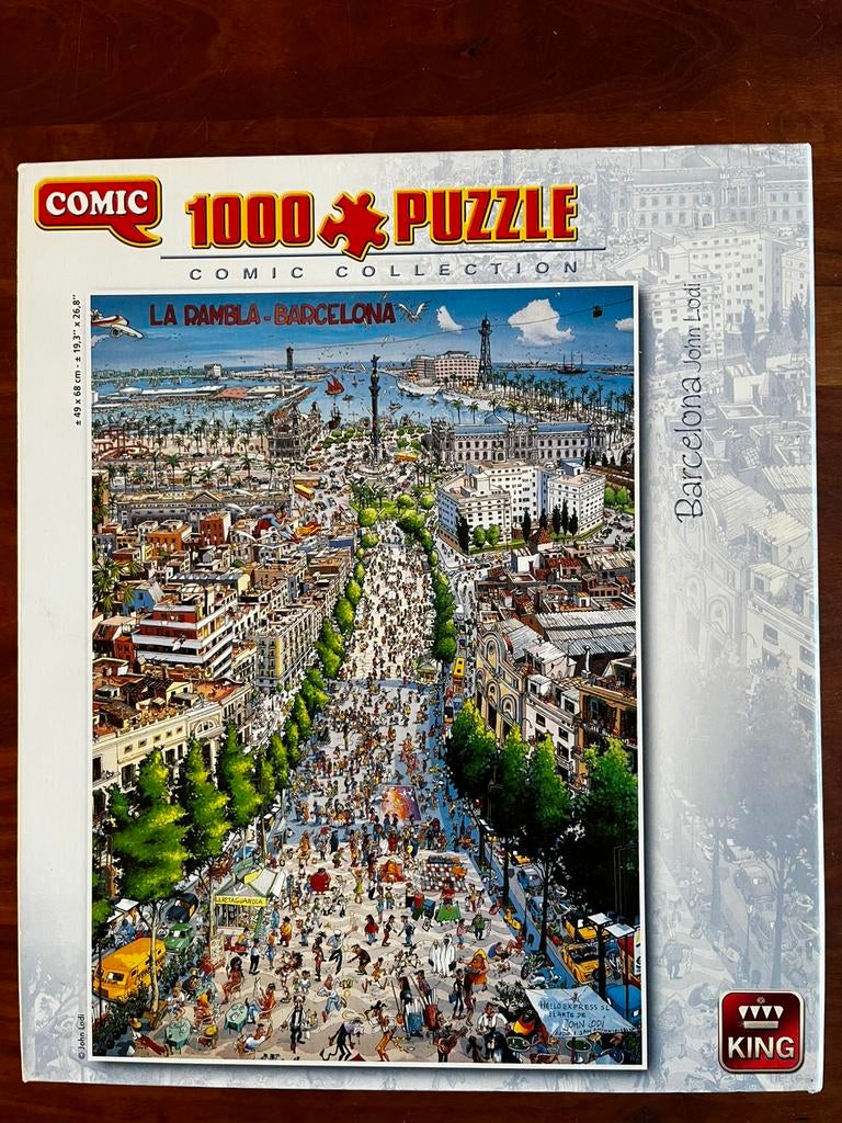 King cartoon puzzel Barcelona Ramblas 1000 stukjes, Ophalen of Verzenden, 500 t/m 1500 stukjes, Zo goed als nieuw, Legpuzzel