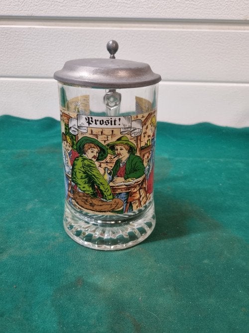 bierpul prosit met afbeelding glas en tinnen deksel, Verzamelen, Ophalen of Verzenden, 'T Olde Gre-j, Info@toldegrej.nl, Endepoelstraat 20f Didam