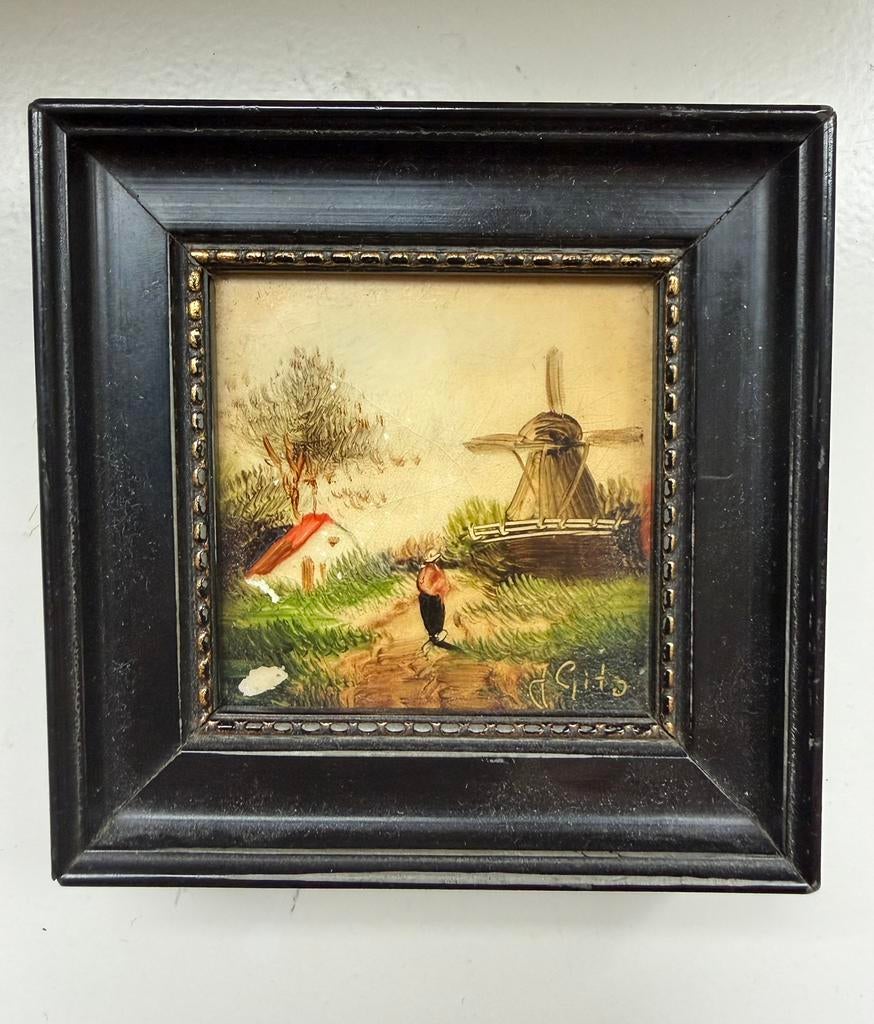 Mini schilderijtje Hollands landschap – gesigneerd Gito, Ophalen of Verzenden