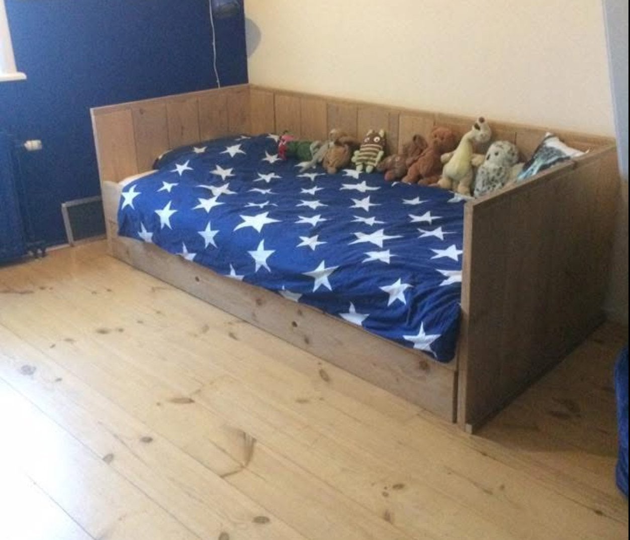 Steigerhouten bed met uitschuifbaar logeerbed/ opbergruimte, Ophalen, Gebruikt, 90 cm, 200 cm