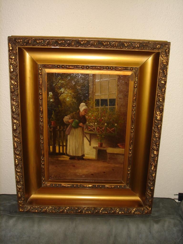 Thomas van Wissen, (1866-1954), Giving the flowers water., Antiek en Kunst, Kunst | Schilderijen | Klassiek, Ophalen of Verzenden