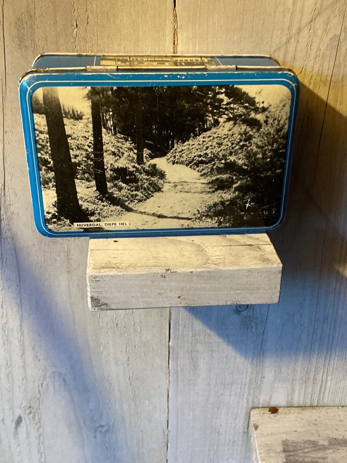 Vintage blikken trommel met landschapsafbeeldingen, Ophalen of Verzenden