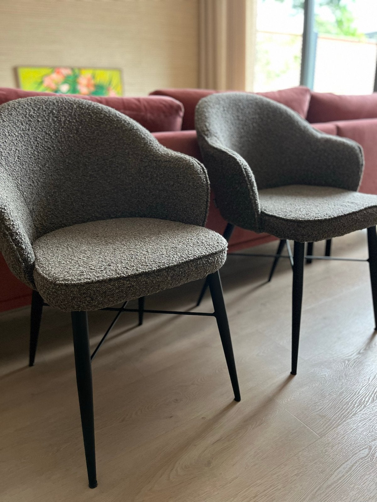 Stijlvolle MXSofa eetkamerstoelen - Bruin bouclé - zgan, Ophalen, Zo goed als nieuw, Vier, Metaal