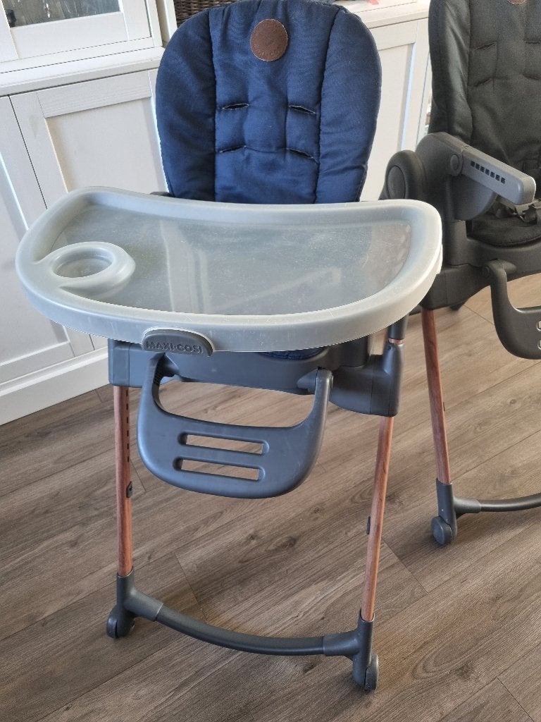 2x Maxi-Cosi Minla meegroeistoel – blauw & grijs + eetblad, Ophalen, Gebruikt, Meegroeistoel, Afneembaar eetblad