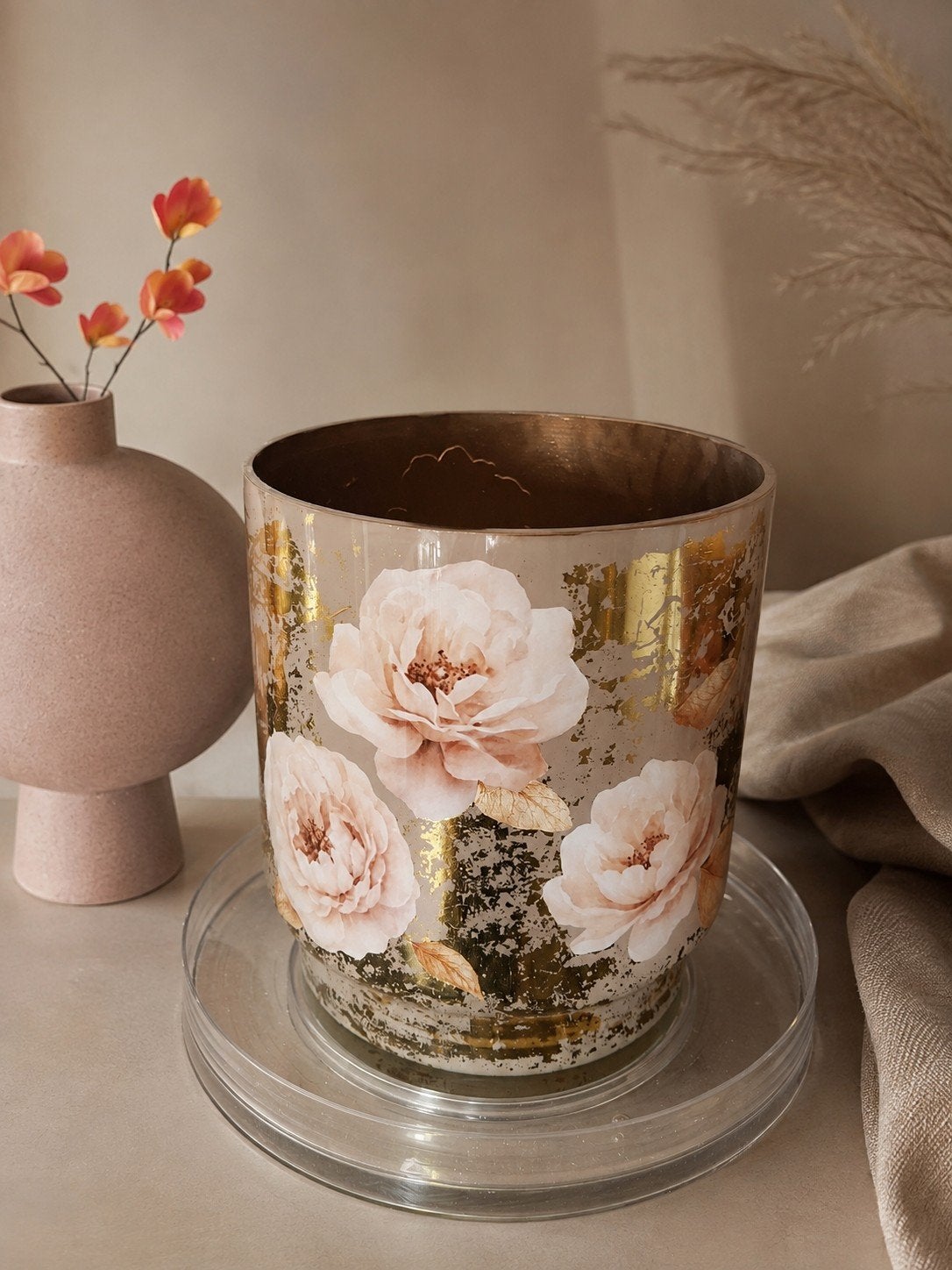 Unieke handgemaakte decoupage vaas met bloemmotief, Huis en Inrichting, Woonaccessoires | Vazen, Ophalen of Verzenden, Nieuw, Beige