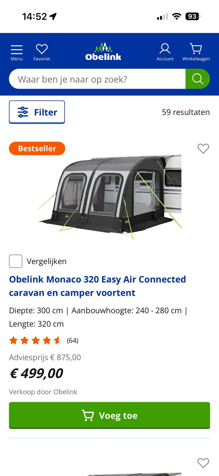 Voortent opblaasbaar 320 breed camper of caravan, Ophalen of Verzenden, Zo goed als nieuw, Tot en met 2