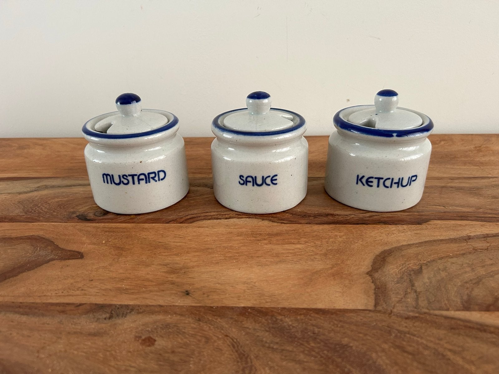 Set van 3 keramische potjes: Mosterd, Saus, Ketchup, Ophalen of Verzenden