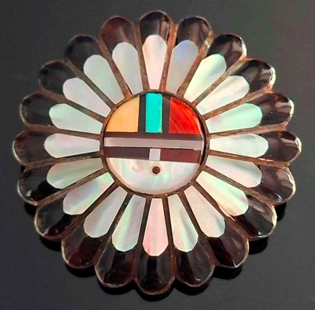 Zuni Sterling Silver Gem Set Sunface Brooch V. & E. Niiha, Ophalen of Verzenden, Zilver, Broche, Met edelsteen