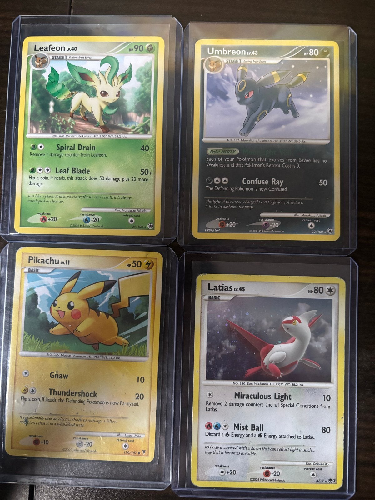 Pokémon kaarten: Leafeon, Umbreon, Pikachu, Latias 2008, Ophalen of Verzenden, Gebruikt, Meerdere kaarten