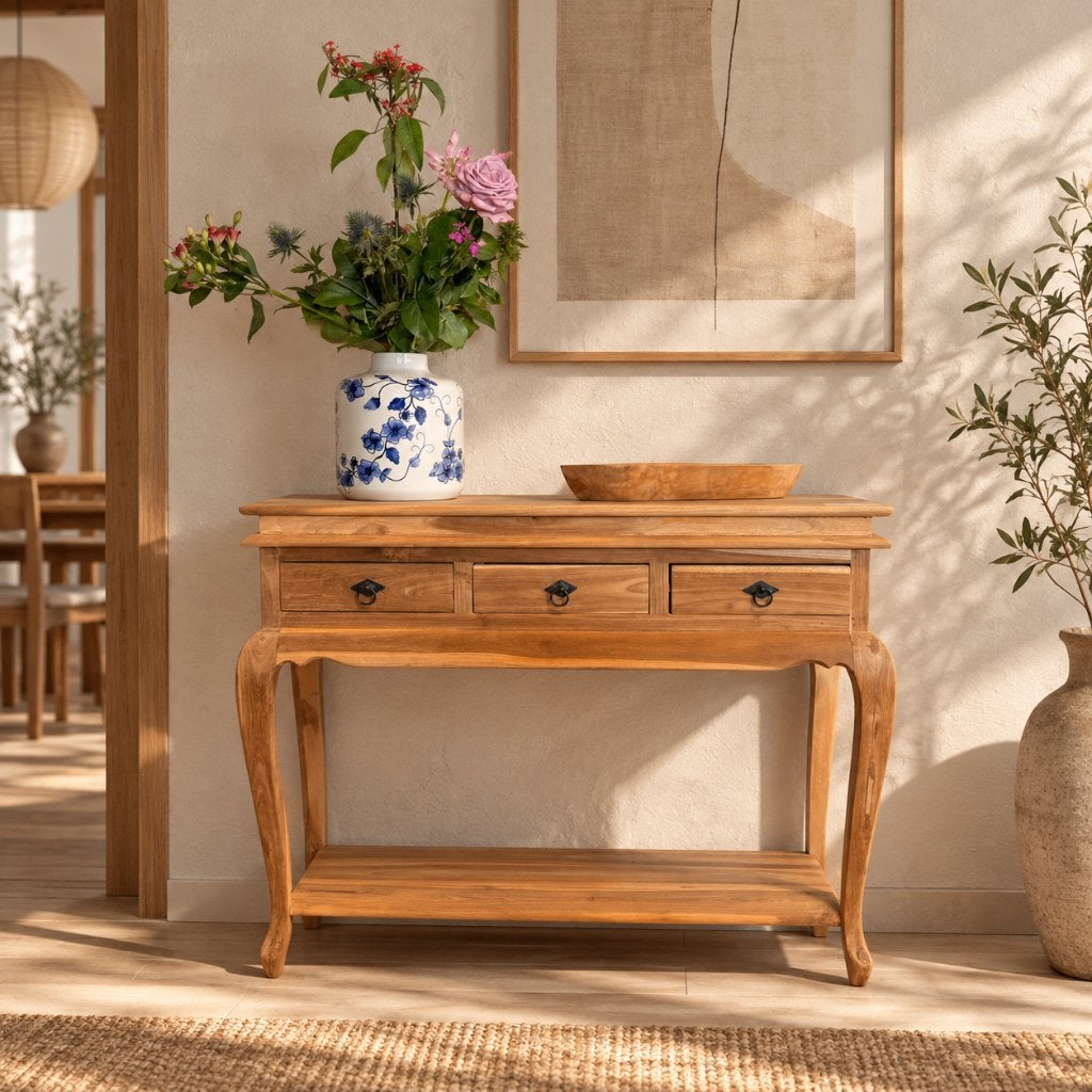 sidetable teak - 3 lades - 100 x 36 cm – Gratis bezorgd, TTM Wonen, Meubels – (Perzische) Tapijten en Woonaccessoires, 100 tot 150 cm