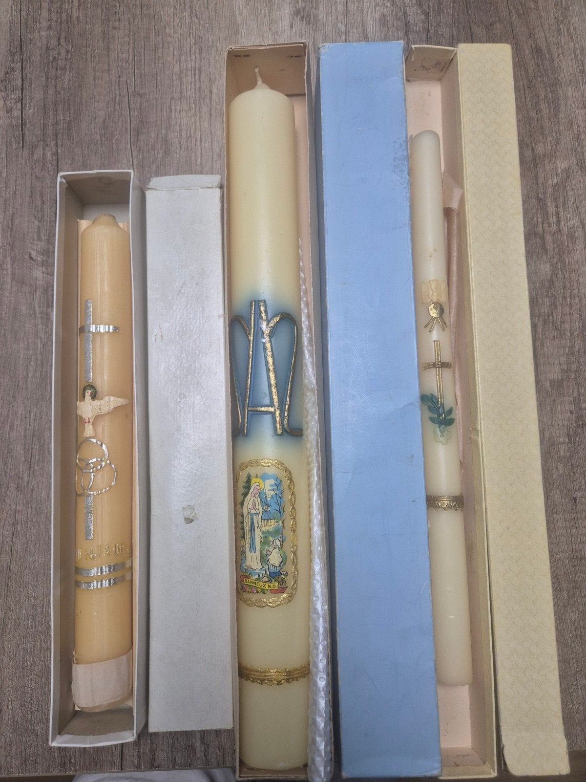 Set 3 vintage religieuze sier-/kerkkaarsen - Banneux N.D., Ophalen, Overige merken