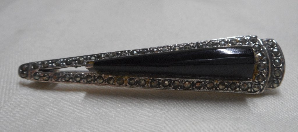 Zilveren antieke broche met onyx en markasiet nr.1750, 4 tot 7 cm, Verzenden, Zo goed als nieuw, Zilver