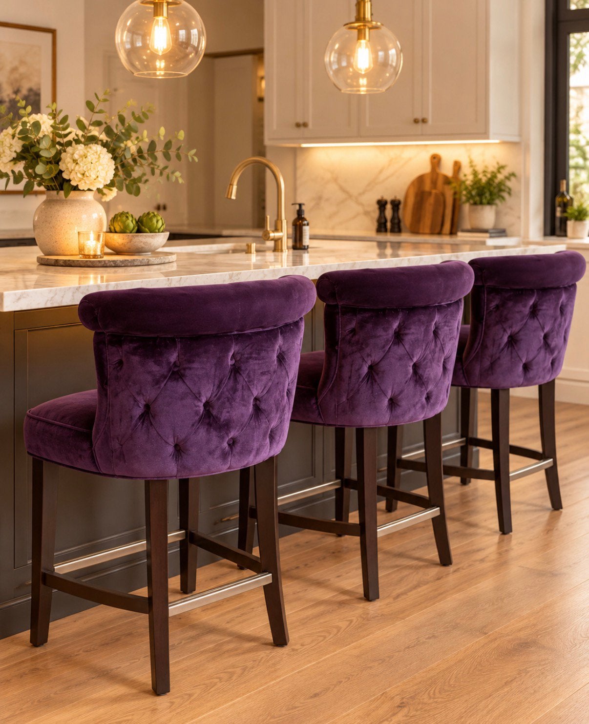 barkrukken set van 3 | Aubergine fluweel | Luxe