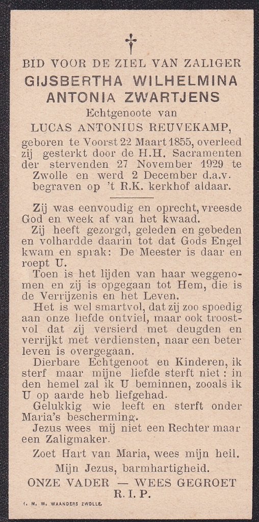 Zwartjens Gijsbertha 1855 Voorst 1929 Zwolle, Ophalen of Verzenden, Bidprentje